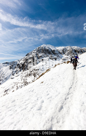 View towards Snowdon (Yr Wyddfa) from Pyg Track over Glaslyn, Snowdonia National Park, Wales, UK, Europe. Stock Photo