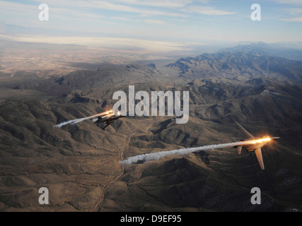 A two-ship of B-1B Lancers release chaff and flares while maneuvering over New Mexico. Stock Photo