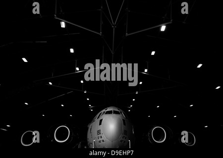 A C-17 Globemaster III sits in a hangar at McChord Field Air Force Base, Washington. Stock Photo