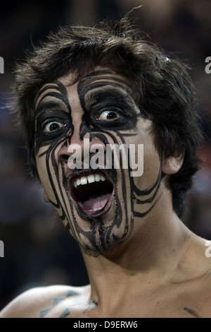 Traditional Maori war paint and tongue out, Rotorua, North Island Stock ...