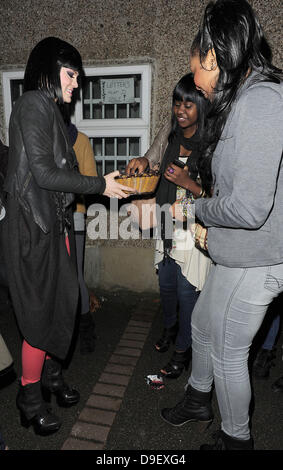 Jessica Cornish aka Jessie J arriving at a recording studio in London. There were a number of fans who had been waiting there for hours to catch a glimpse of the star, and Jessie repaid them by posing for pictures and even bringing out a basket full of chocolate for them and the photographers London, England - 22.02.11 Stock Photo