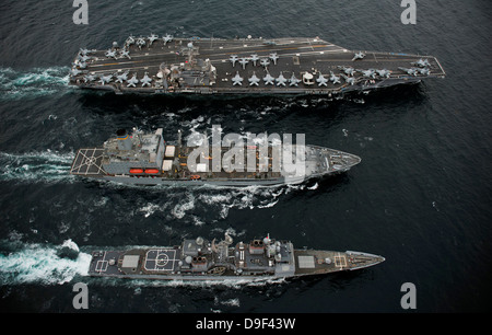 U.S. Navy ships conduct a replenishment at sea in the Pacific Ocean. Stock Photo