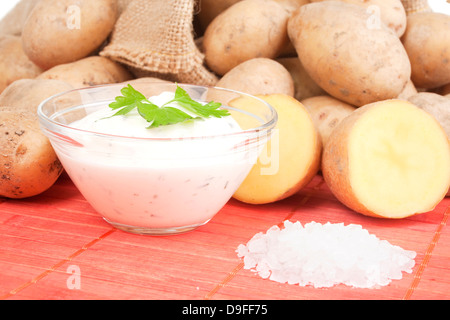 Potatoes with salt and curd Potatoes with salt and cottage cheese Stock Photo