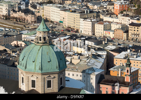 An aerial view of one of the domes of the Salzburg Cathedral and surrounding buildings in the Altstadt, Salzburg, Austria