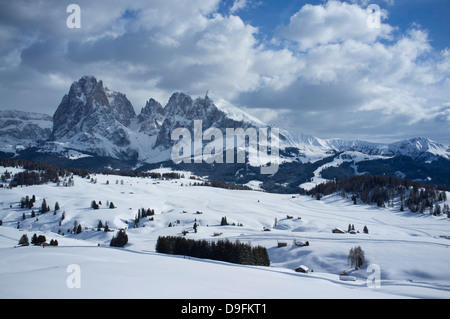 A snowy view of Sassolungo and Sassopiato Mountains behind the Alpe di Siusi ski area in the Dolomites, South Tyrol, Italy Stock Photo