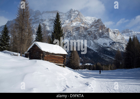 Barn at the Alta Badia ski resort with Lavarella and Contourines mountains, Corvara, The Dolomites, South Tyrol, Italy Stock Photo