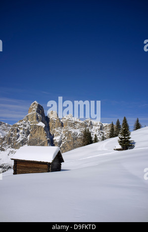 Barn at the Alta Badia ski resort and Sassongher mountain behind, Corvara, The Dolomites, South Tyrol, Italy Stock Photo