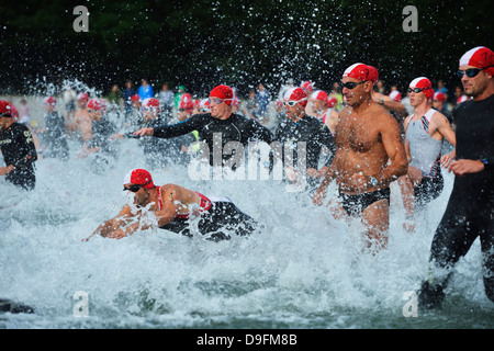 Swimmers at start line, Passy Triathlon, Passy, Haute-Savoie, French Alps, France Stock Photo