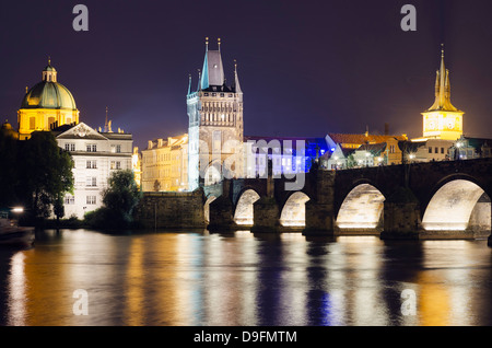 Charles Bridge and Mala Strana Bridge Tower, UNESCO World Heritage Site, Prague, Czech Republic Stock Photo