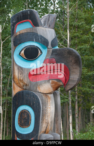 Totem pole with eagle image, Tlingit Heritage Center, Teslin, Yukon, Canada Stock Photo