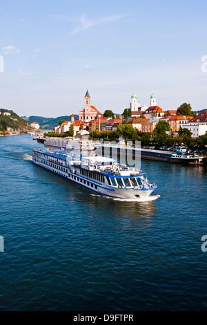 Cruise ship passing on the River Danube, Passau, Bavaria, Germany Stock Photo