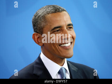 Berlin, Germany. 19th June, 2013. US President Barack Obama smiles during a press conference at the Federal Chancellery in Berlin, Germany, 19 June 2013. Photo: Michael Kappeler/dpa /dpa/Alamy Live News Stock Photo