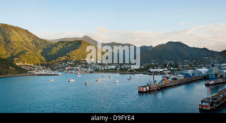 Boats in Picton Harbour and the town centre, Picton, Marlborough Region, South Island, New Zealand Stock Photo