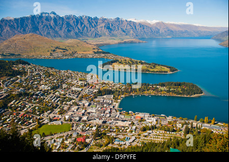 Aerial view of Queenstown, Lake Wakatipu and the Remarkables Mountain Range, Otago, South Island, New Zealand Stock Photo