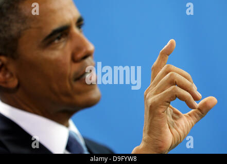 Berlin, Germany. 19th June, 2013. US President Barack Obama speaks at a joint press conference with German Chancellor Merkel (CDU) at the Federal Chancellery in Berlin, Germany, 19 June 2013. Photo: Michael Kappeler/dpa /dpa/Alamy Live News Stock Photo