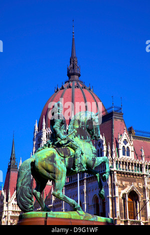 Equestrian Monument of Ferenc II Rakoczi, Prince of Transylvania, in front of Hungarian Parliament Building, Budapest, Hungary Stock Photo