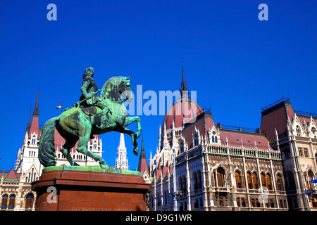 Equestrian Monument of Ferenc II Rakoczi, Prince of Transylvania, in front of Hungarian Parliament Building, Budapest, Hungary Stock Photo