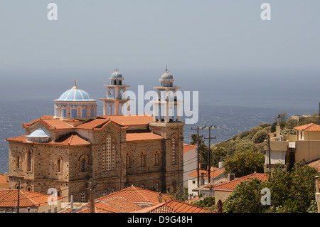 Overview of Marathokambos church with the Aegean Sea in the background, Samos, Eastern Sporades, Greek Islands, Greece Stock Photo