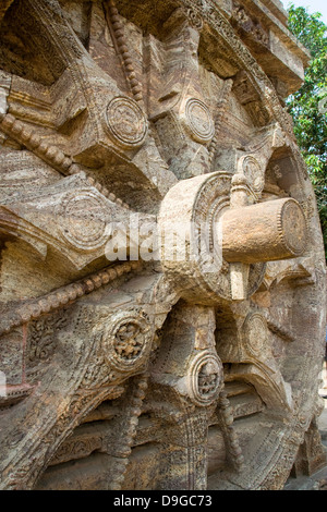Close up of stone wheel spokes, axle and wedge pin at Sun Temple, Konark, Orissa, India, Asia