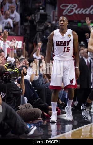 Miami, Florida, USA. 18th June, 2013. Miami Heat point guard Mario Chalmers (15) reacts to sinking a three point shot at AmericanAirlines Arena on June 18, 2013. Credit: Credit:  Allen Eyestone/The Palm Beach Post/ZUMAPRESS.com/Alamy Live News Stock Photo