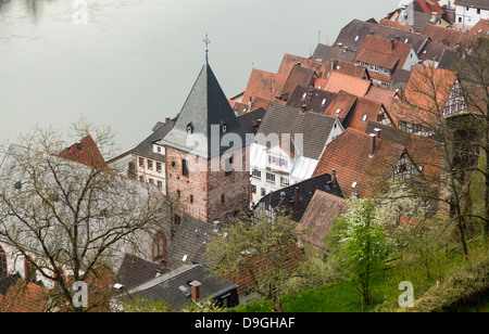 Catholic church in ancient town village of Hirschhorn in Hesse district of Germany on banks of Neckar river Stock Photo