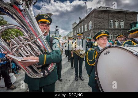 Marching band in a parade during The Icelandic Independence Day, June 17th, Reykjavik, Iceland Stock Photo