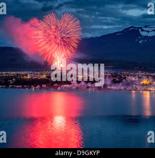 Heart shaped Fireworks over Akureyri, Iceland Stock Photo