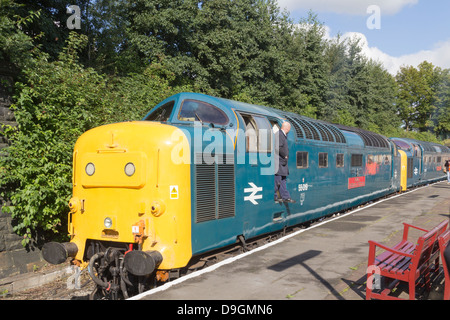 Two English Electric Type 5, class 55 'Deltic' diesel-electric railway engines on the East Lancashire Railway heritage line. Stock Photo