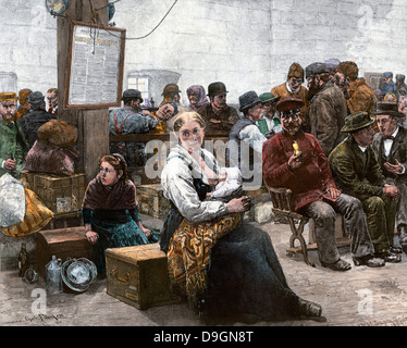 Immigrants waiting for entry at Castle Garden, New York harbor, 1880s. Hand-colored woodcut Stock Photo