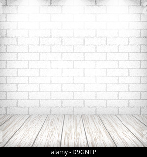 White brick wall with wooden floor and spotlights in a vintage interior. Vector eps10 illustration Stock Photo