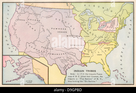 Map of Native American locations, circa 1700. Color lithograph Stock