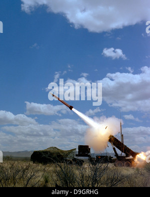 A MIM-104 Patriot anti-aircraft missile is fired during a training exercise. Stock Photo