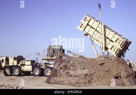 A U.S. Army Patriot surface-to-air M901 missile launcher in Kuwait. Stock Photo