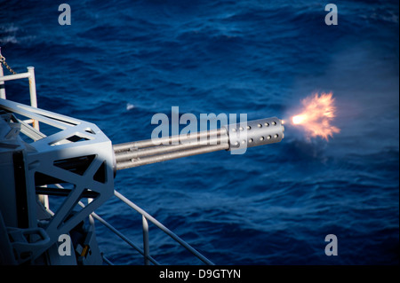 A close-in weapons system is fired aboard USS Harry S. Truman. Stock Photo