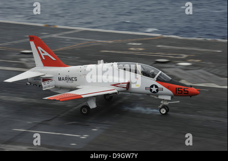 Atlantic Ocean, February 1, 2013 - A T-45C Goshawk training aircraft lands aboard the aircraft carrier USS George H.W. Bush. Stock Photo