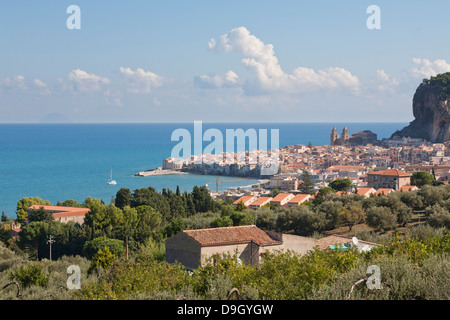 Panoramic view of Cefalu and La Rocca mountain, Sicily, Italy Stock Photo