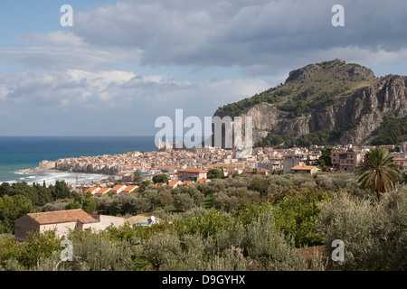 Panoramic view of Cefalu and La Rocca mountain, Sicily, Italy Stock Photo