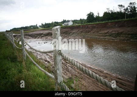Water being slowed by the Shepody River Tidal Dam in New Brunswick. Stock Photo