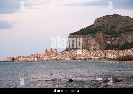 Panoramic view of Cefalu and La Rocca mountain, Sicily, Italy Stock Photo