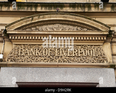 Bank of Liverpool sign above former bank building, now a Chinese restaurant UK Stock Photo