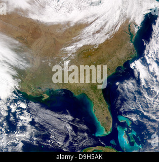 Satellite view of the southeastern United States. Smoke plumes are visible amongst the cloud-free skies. Stock Photo