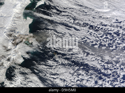 Satellite view of an ash plume rising from Russia's Shiveluch volcano. Stock Photo