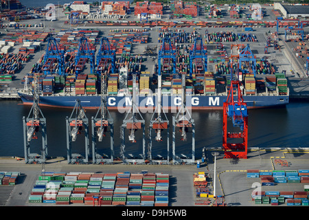 GERMANY Hamburg container harbour , terminal HHLA at Burchard quai in Hamburg port, vessel of shipping company CMA CGM Stock Photo