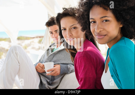 Portrait of two female friends smiling Stock Photo