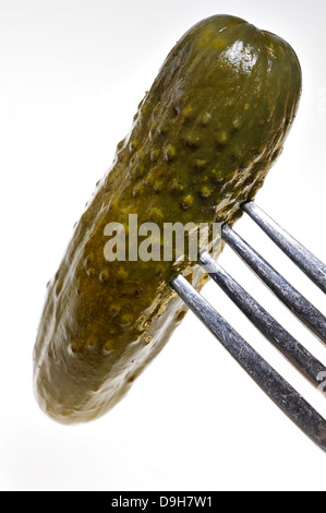 Pickled gherkin on a fork Stock Photo