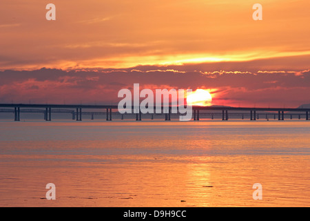 Sunset over the Firth of Tay Road Bridge, Dundee, Tayside, Scotland, U.K. Stock Photo