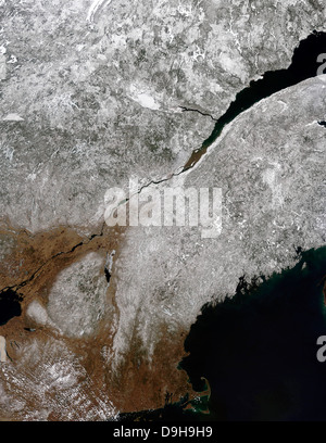 Satellite view of a frosty landscape across northern New England and eastern Canada. Stock Photo