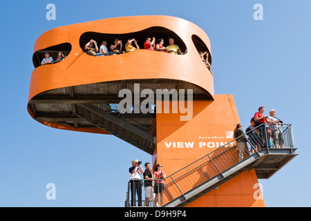 Tourists on a vantage point in the Hamburg harbour, Tourists on a viewpoint in the port of Hamburg, Stock Photo