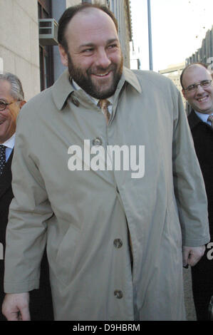 June 19, 2013 - James Gandolfini, star of HBO's 'The Sopranos,' has died of a possible heart attack in Rome. He was 51. Gandolfino was known for his role as Tony Soprano in the HBO series 'The Sopranos.' PICTURED: Dec 18, 2002; Manhattan, New York, U.S. - Soprano's actor JAMES GANDOLFINI arriving to the 80 Center St.in Manahattan for his divorce trial from wife, Marcy.   (Credit Image: © Mariela Lombard/ZUMAPRESS.com) Stock Photo