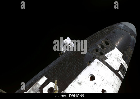 Close-up view of the nose cone on Space Shuttle Discovery. Stock Photo